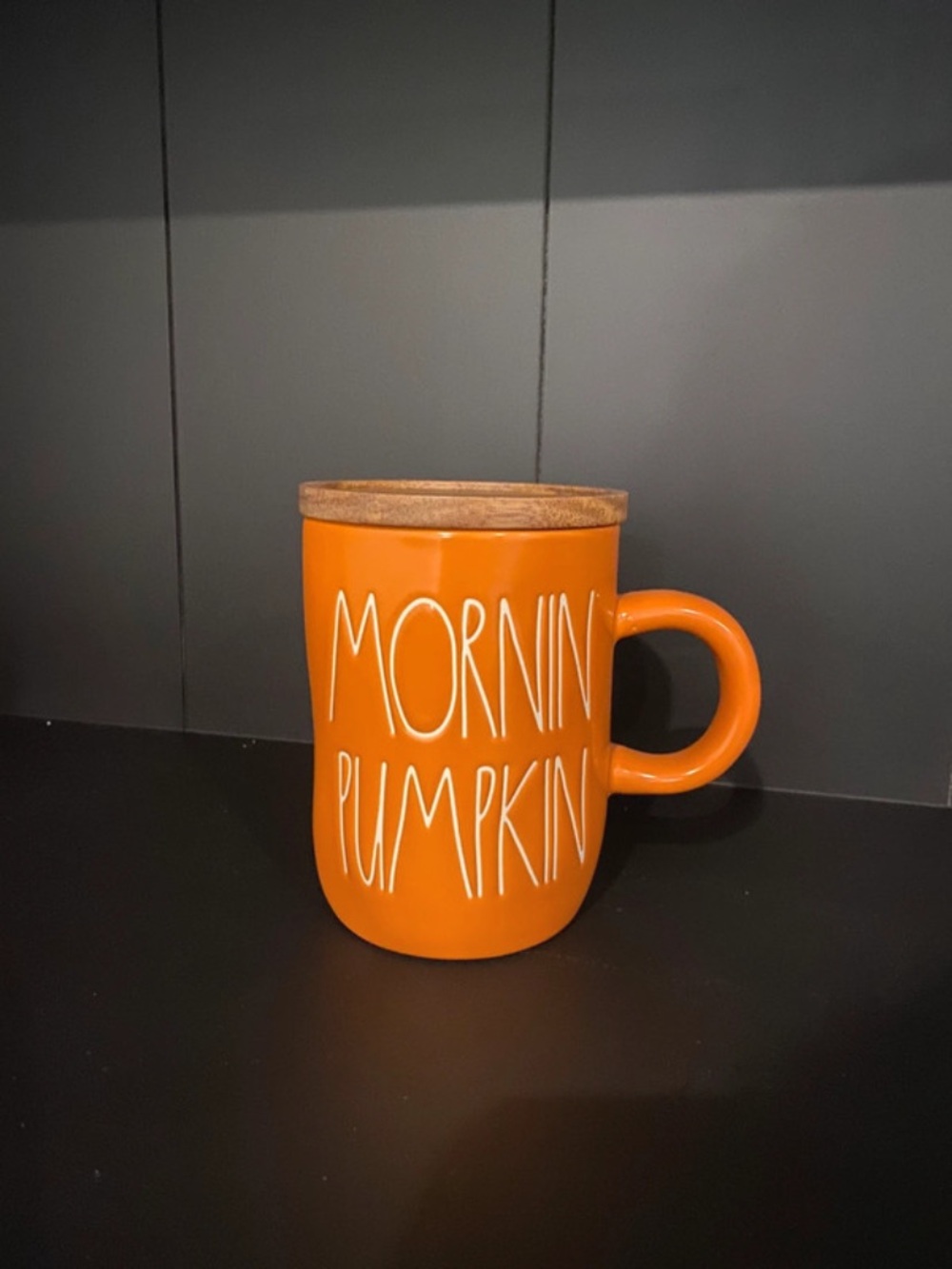 Rae Dunn Style "Mornin Pumpkin" Orange Coffee Mug with Lid/Coaster